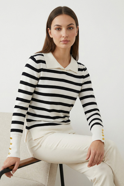 Giyim Dünyası Women's Polo Neck Striped Sweater Ecru