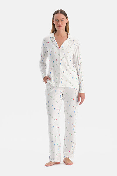Dagi Ecru Printed Thermal Shirt Pants Pajama Set