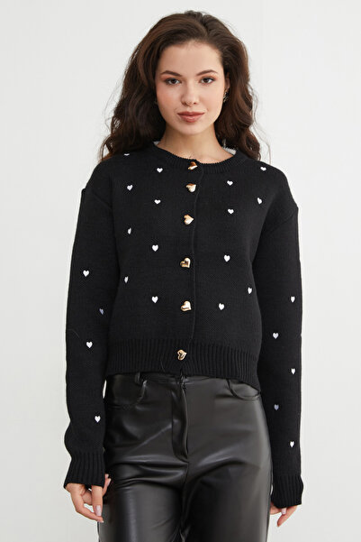 Fulla Moda Heart Embroidered Buttoned Knit Cardigan