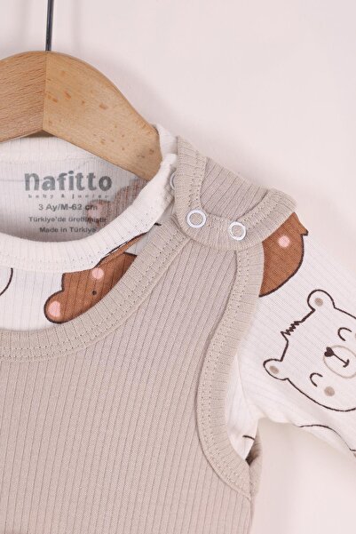 kidello Beige Cute Teddy Bear Toy Newborn Cotton 2-Piece Baby Rompers 3-6-9 Months