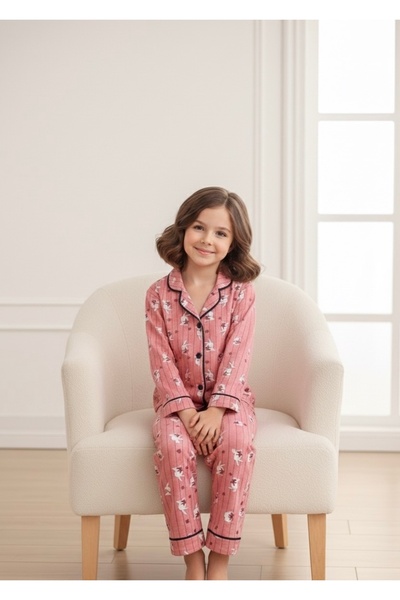 Beka Kids Rabbit and Cat Patterned Long Sleeve Buttoned Front Shirt Collar Girls Pajama Set 100% Cotton