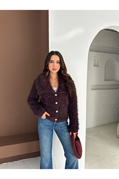 D'RECCY Women's Fur Collar Buttoned Cardigan Jacket