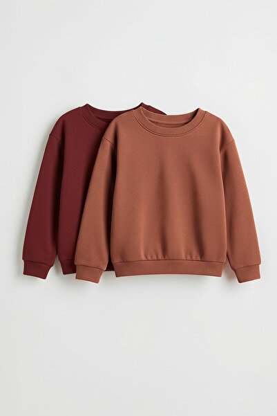Perendi Unisex Kids 2-Piece Basic Crew Neck Sweatshirt Set – Burgundy & Brick