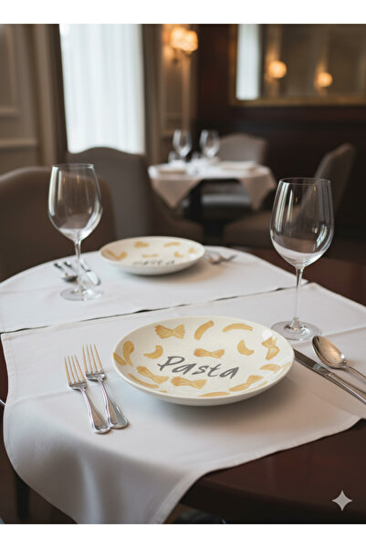 ŞURA MUTFAK 2 Pieces 22 cm Ceramic Deep Pasta Plate Cream Patterned