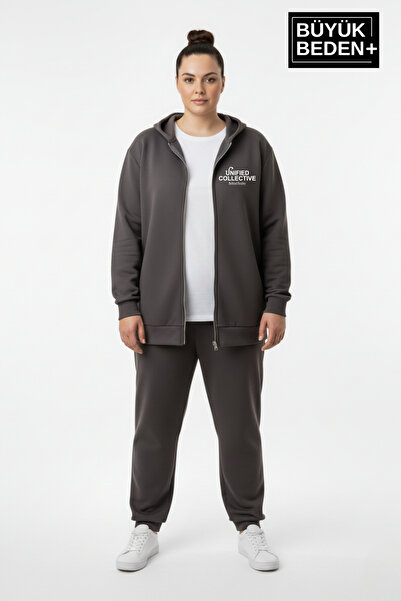 Superlife Women's Plus Size Zippered Hooded Unified Printed Sweatshirt Cardigan Spr26Bhrk924