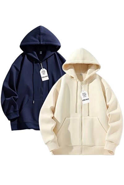 FRESSO 2'li Kanguru Cepli Fermuarlı İki İplik Unisex Şardonlu Sweatshirt / Hırka
