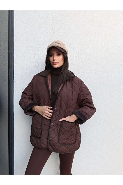 ESRAHELVACI Velvet Collar Snap Fastener Quilted Coat