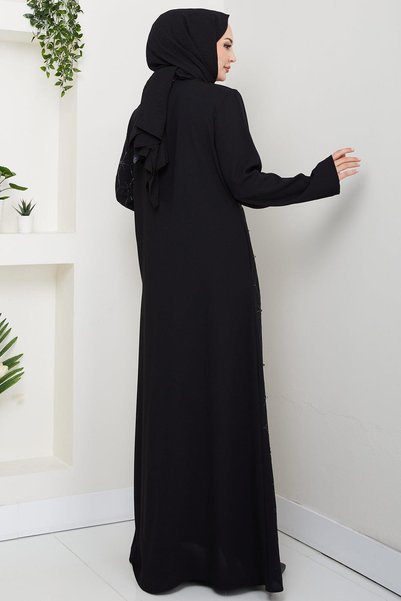 hafsamina Hidden Placket Half Embellished Abaya Black HM2860