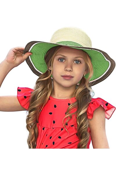 Generic Mikeng Tek Girls' Straw Sun Hat - Watermelon Design, Wide Flexible Brim, UPF50+, Green (51-54 cm)