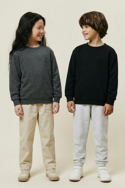 Perendi Unisex Kids 2-Piece Basic Crew Neck Sweatshirt Set – Black & Anthracite