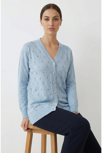 Giyim Dünyası Women's Mercerized Baklava Pattern Cardigan Blue