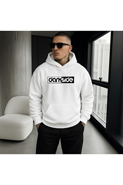 Rivox سويت شيرت للجنسين أبيض بغطاء رأس قصة فضفاضة Darkside مطبوع