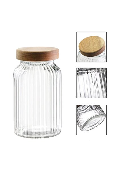 Qerhome Glass Striped Food Jar with Bamboo Lid 2900 ml