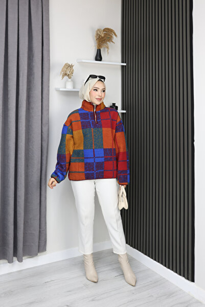 sorisso Half Zippered Printed Teddy Sweater