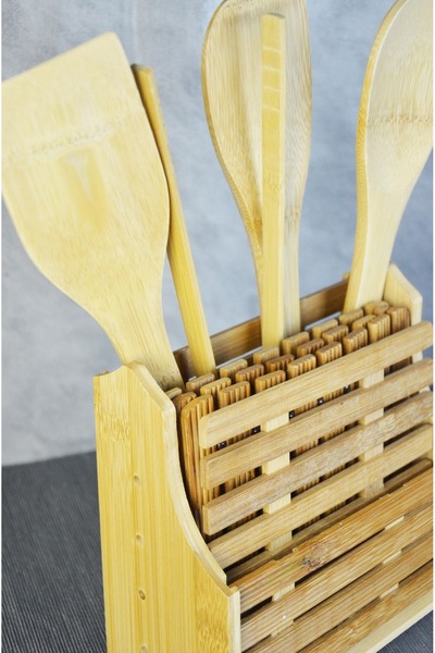 Bayev Bambu 9 Piece Ladle and Spoon Set with Stand 700627 - Wooden Spoon and Ladle Set