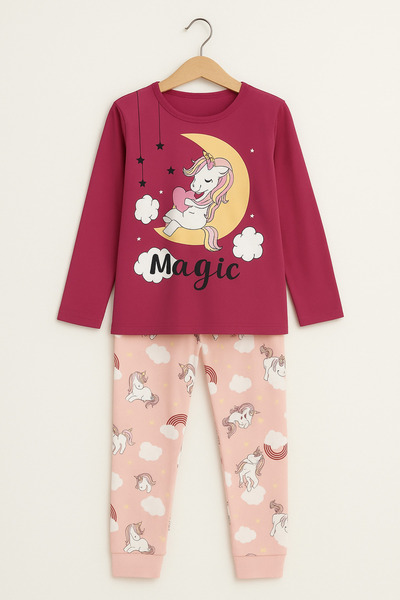 Beka Kids Crew Neck Trousers Patterned Transitional Girls Pajama Set and Eye Patch