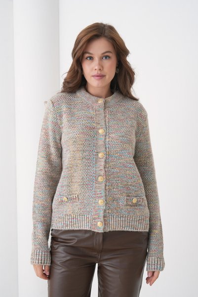 Arbucky Women's Crew Neck Gold Buttoned Knitwear Cardigan