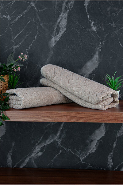 ihvan online Footprint Patterned 2-Piece Foot Towel - 50X70 cm - Water Absorbent Bath Mat Set - Cream