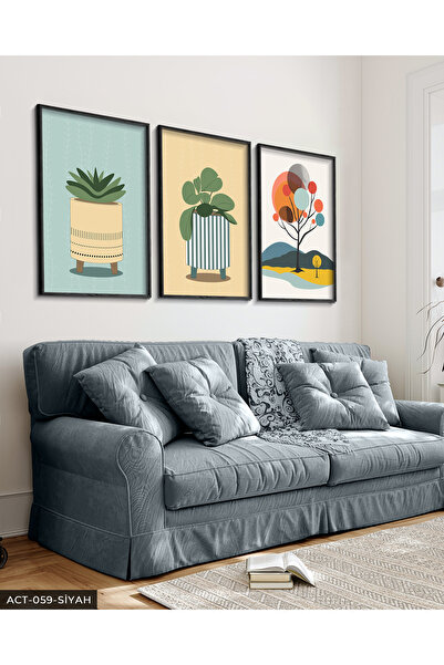 Evinemoda Kobalt plava Ida Çiçek 3-dijelna crna slika u drvenom okviru