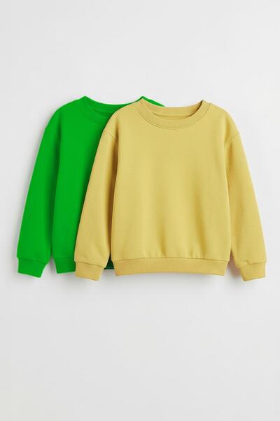 Perendi Unisex Kids 2-Piece Basic Crew Neck Sweatshirt Set – Yellow & Pistachio Green