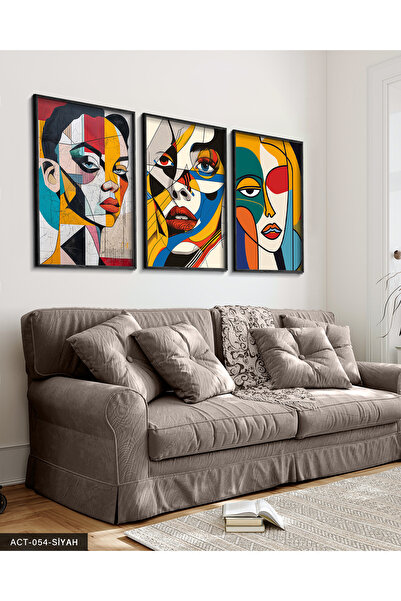 Evinemoda Renkli Kadın Portre 3 Parça Siyah Ahşap Çerçeveli Tablo
