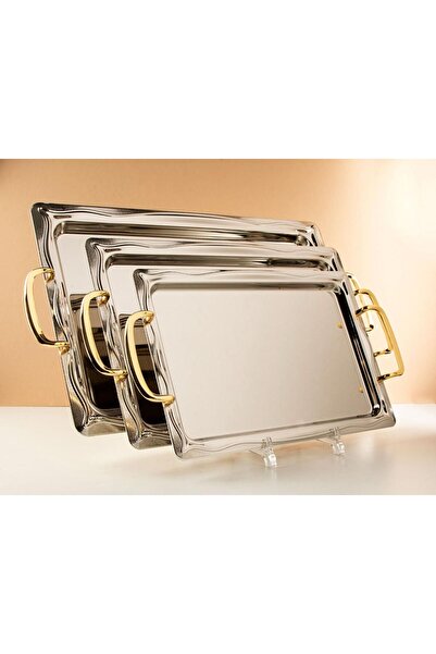 TOHFAT-AL MAIDAH Luxury stainless steel serving tray set with a modern and distinctive design (3 pieces)