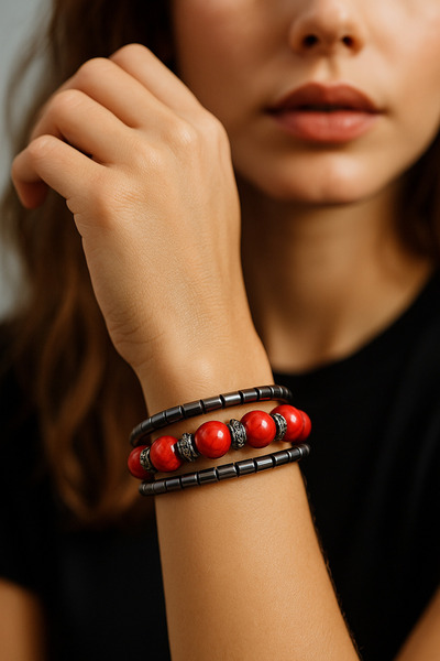 SİSTEM PELUŞ سوار مرن مزدوج الحلقات من الحجر الطبيعي - إكسسوار نسائي عصري