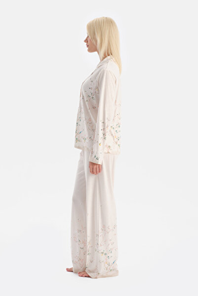Dagi Ecru Floral Patterned Shirt and Pants Set