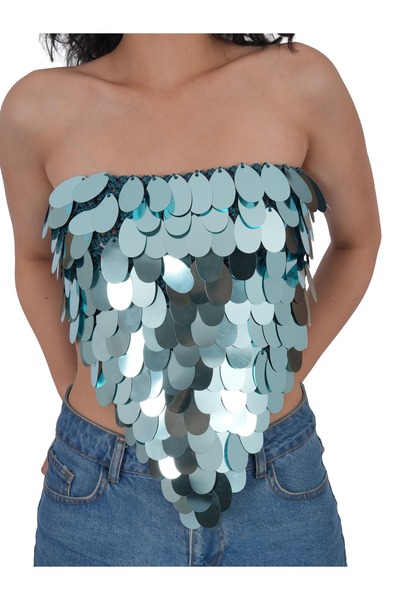 Craft By Mine El Yapımı Su Yeşili Straplez Damla Payetli Büstiyer – Kadın Örg...