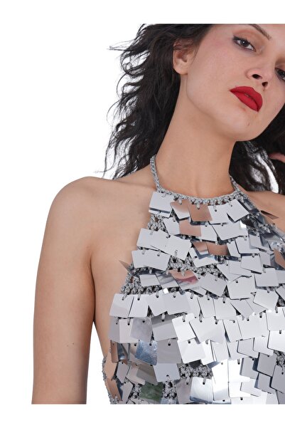 Craft By Mine El Yapımı Gümüş Kare Payetli Büstiyer– Parlak Boyundan Bağlamalı Örgü Bralet, Festival ve Gece Üstü