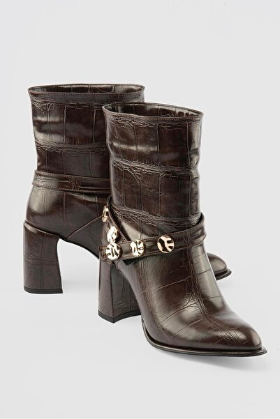 Mubiano Cizme din piele de damă cu model crocodil cu detaliu auriu cu toc mar...