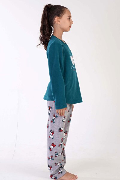 VİENETTA Girl's Soft Fleece Green Pajama Set – Long Sleeve, Patterned Model C4T0N0503