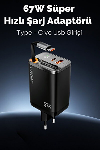The Wlue 67W Gan Hızlı Şarj Adaptörü | Dahili Retractable Type-C Kablo | 1xUSB | PD 1xType-C | LCD Gösterge