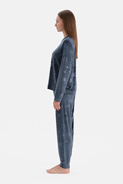 Dagi Navy Blue Seersucker Star Printed T-Shirt Pants Pajamas Set