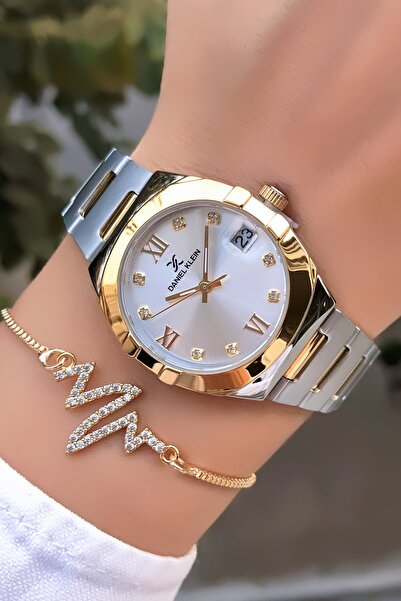 Daniel Klein Orijinal Takvimli Kadın Kol Saati Gold Gümüş Renk Çelik Kordon Bileklik Hediyeli DK93NGF2