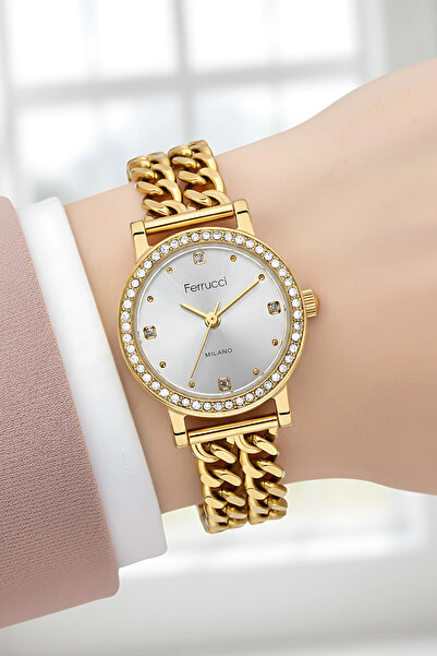 Ferrucci Chain Model Cord Steel Case Women Wrist Watch, Bracelet Gift Gold-White Color Zmfer206