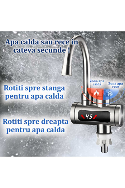 MODVIA Robinet Electric Instant 3300W cu Afisaj LED, Apa Cald in 3 Secunde, Otel Inoxidabil, Rotire 360°