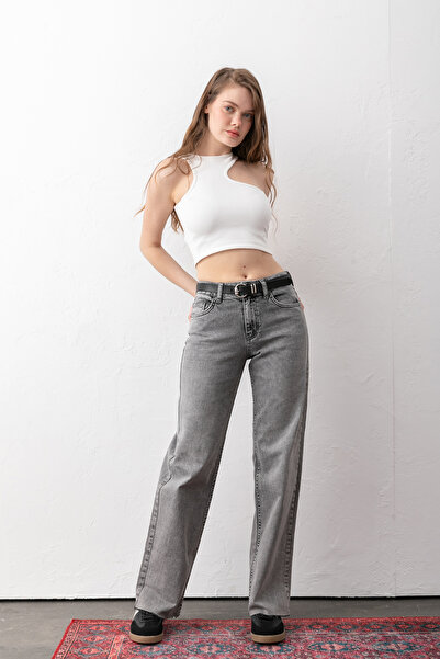 Pantastic Jeans جينز نسائي رمادي اللون من ميد رايز أرجل واسعة