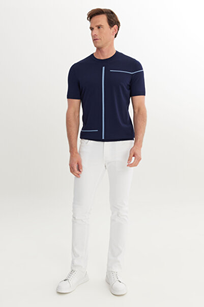 ALTINYILDIZ CLASSICS Ανδρικό μπλουζάκι με πλεκτό τζακάρ με λαιμόκοψη, κανονική εφαρμογή, σταντάρ φίτ, σε μπλε ναυτικό χρώμα