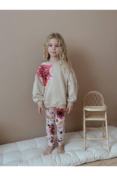 YİGİT BUTİK Girl's Suit with Floral Printed Tights