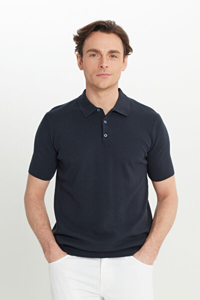 ALTINYILDIZ CLASSICS Men's Navy Blue 100% Cotton Standard Fit Regular Cut Polo Neck Jacquard Knit T-Shirt
