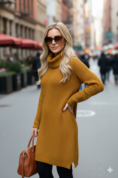 Millionaire Women's Mustard Yellow Degaje High Neck Thick Knit Italian Sleeve Y Slit Long Tunic Dress Knitwear Sweater