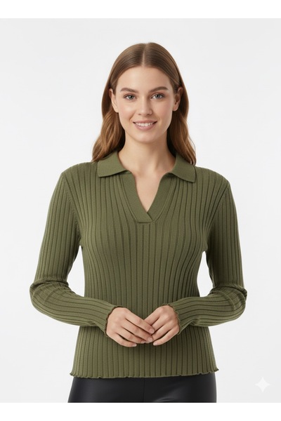 ModaPlaza Women's Corded Fabric Polo Neck Sweater 5059