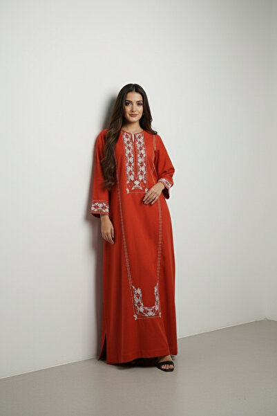 Ease of Wear Burnt Orange Embroidered Satin Silk Kaftan