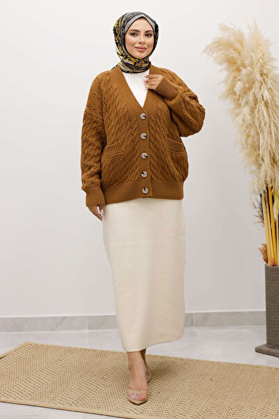 Tesettür Dünyası Buttoned Pocketed Knitwear Cardigan Tsd250225 Tan