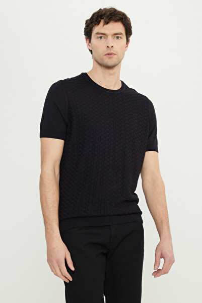 ALTINYILDIZ CLASSICS Men's Black Cotton Standard Fit Regular Cut Crew Neck Jacquard Knit T-Shirt