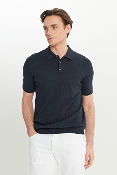 ALTINYILDIZ CLASSICS Men's Navy Blue 100% Cotton Standard Fit Regular Cut Polo Neck Jacquard Knit T-Shirt