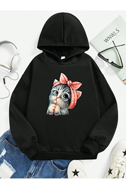 SVART WEAR Hanorac pentru copii cu glugă și buzunar cangur, imprimat cu pisic...