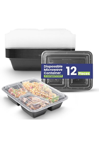 Xess 12 Pieces Disposable Microwave Container Rectangular - 3 Compartment