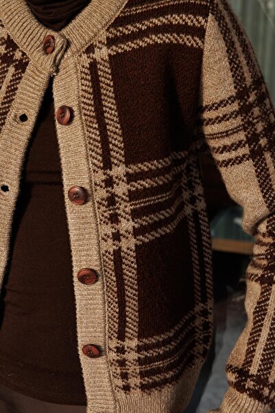 Mixray 7000 women's checkered knit cardigan mink